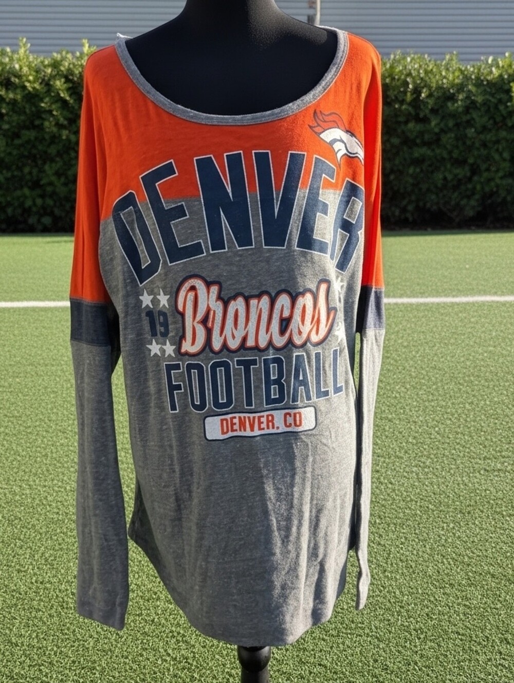 Women's Denver Broncos Long Sleeve Football Tee - Orange & Gray NWT Sz L